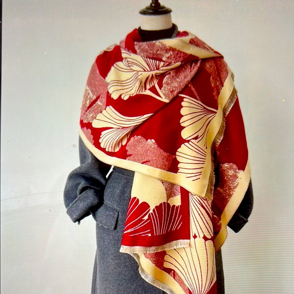 Elegant Red and Cream Ginkgo Print Scarf